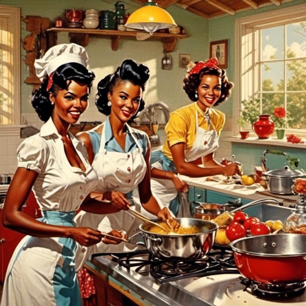 African American Women Cooking in Kitchen