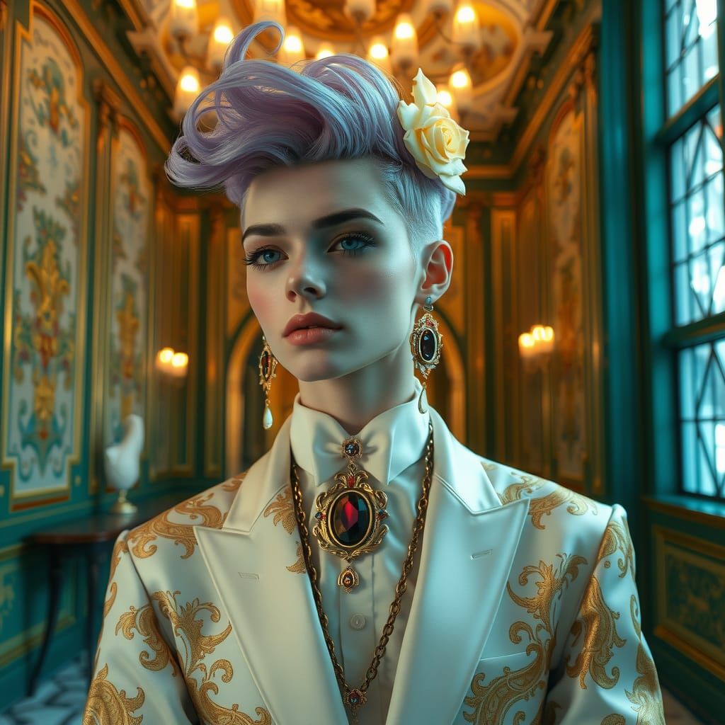 Androgynous Figure in Opulent Baroque Interior