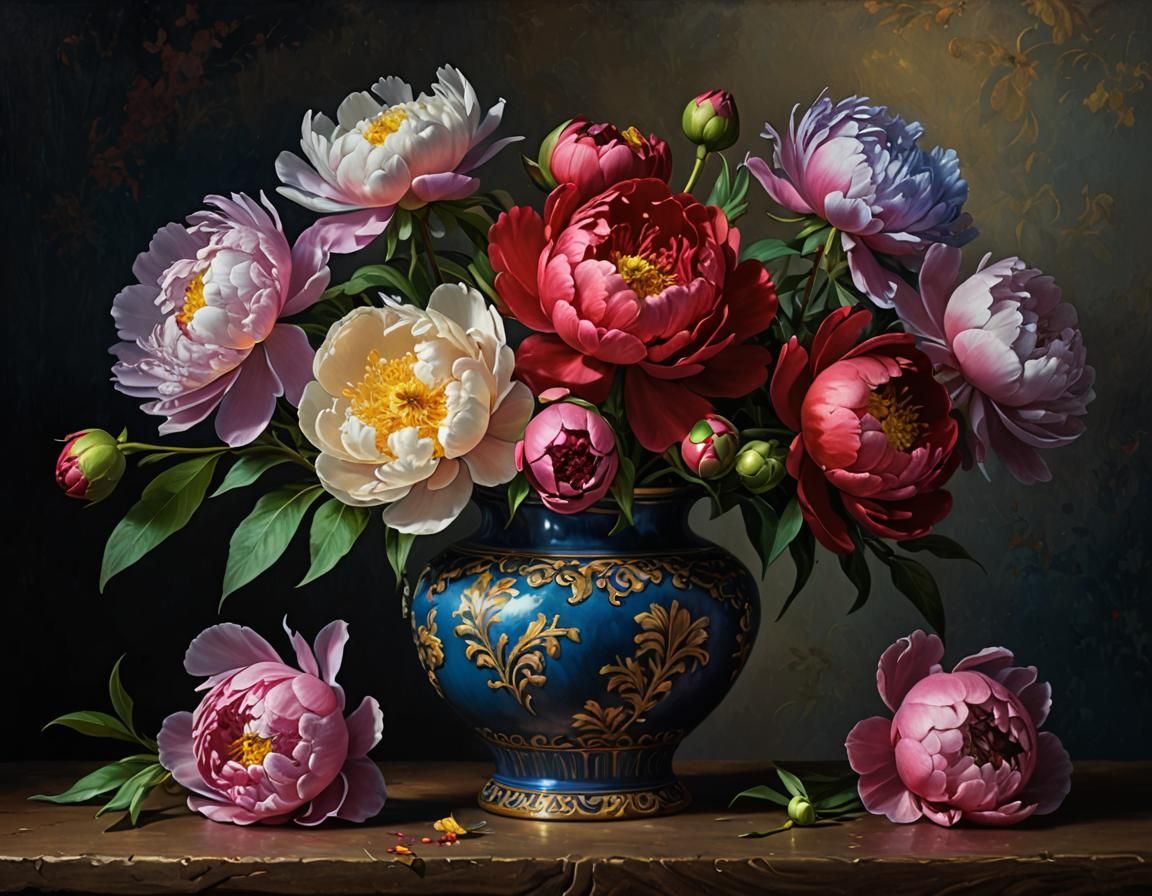 Vase of Colorful Peonies Still Life Oil Painting