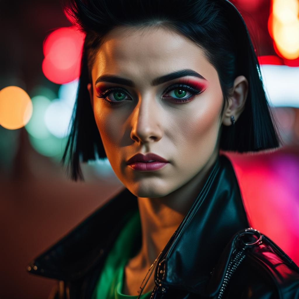 Ultra Realistic Portrait of Black-Haired Woman in Neon City