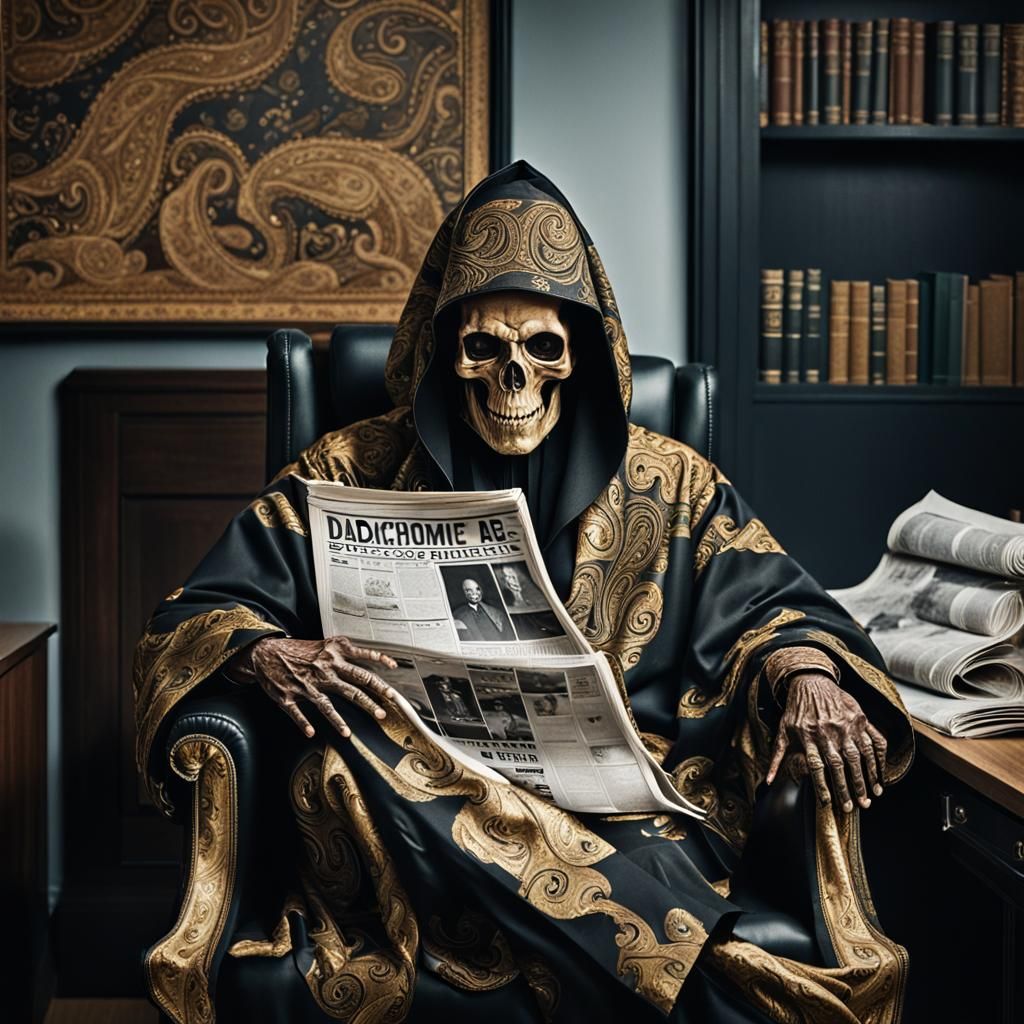 The Grim Reaper Reads the Newspaper in Office