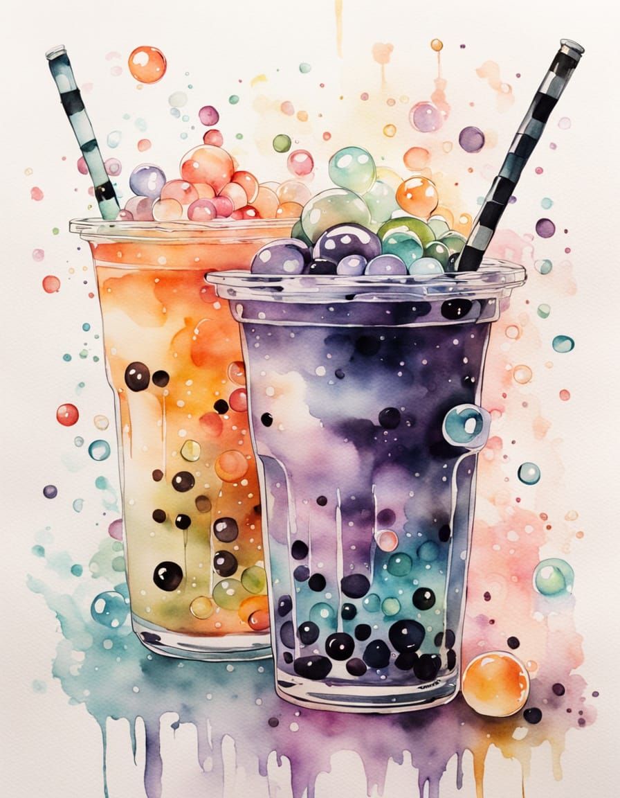 Watercolor Iced Boba in Glass with Delicate Patterns