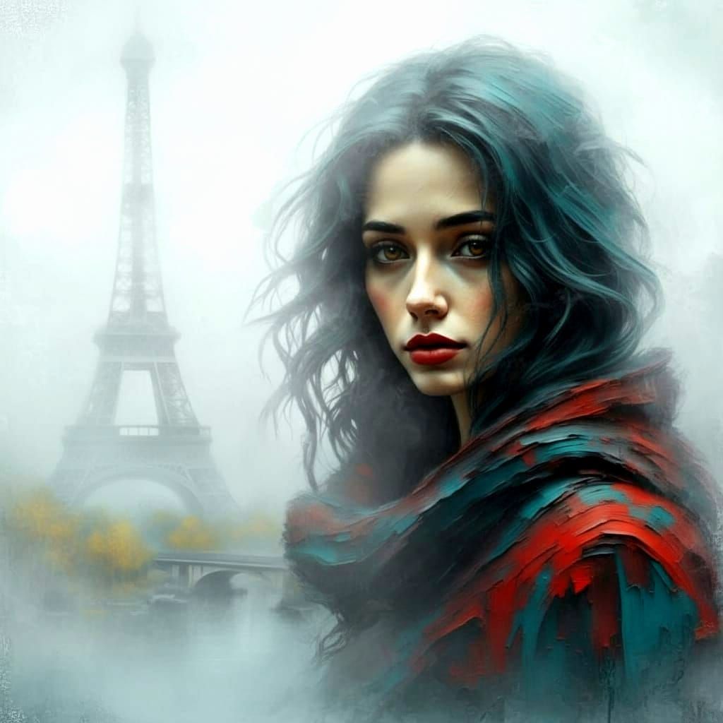 Pixie Woman in Rainy Paris: Impasto Art