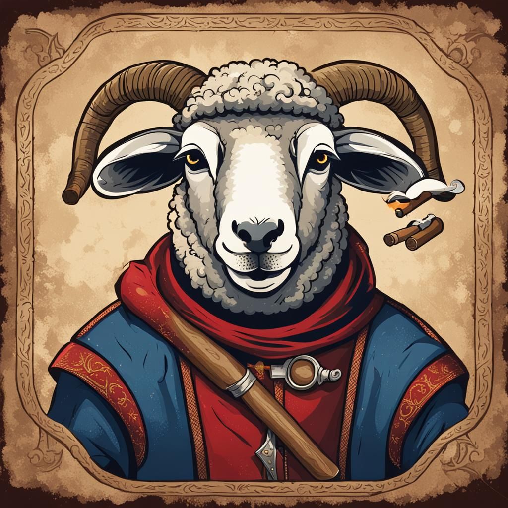 Sheep Smoking Cigar in Medieval Art Style