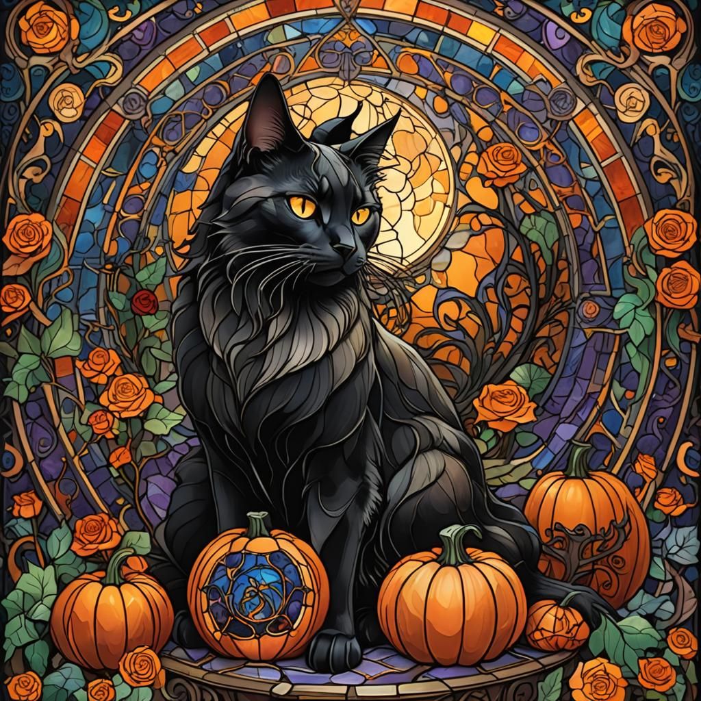 Mystical Stained Glass Witch with Black Cat and Raven