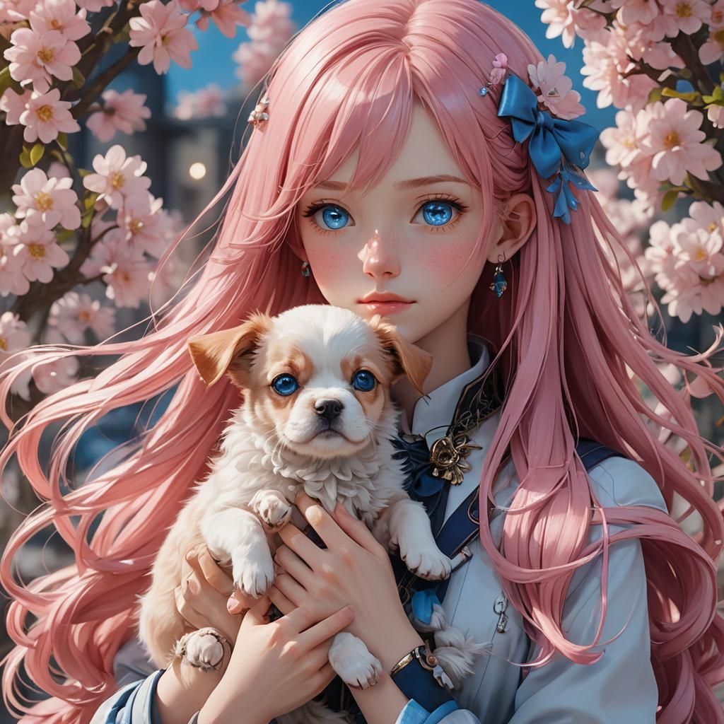 Anime Girl with Pink Hair and Dog