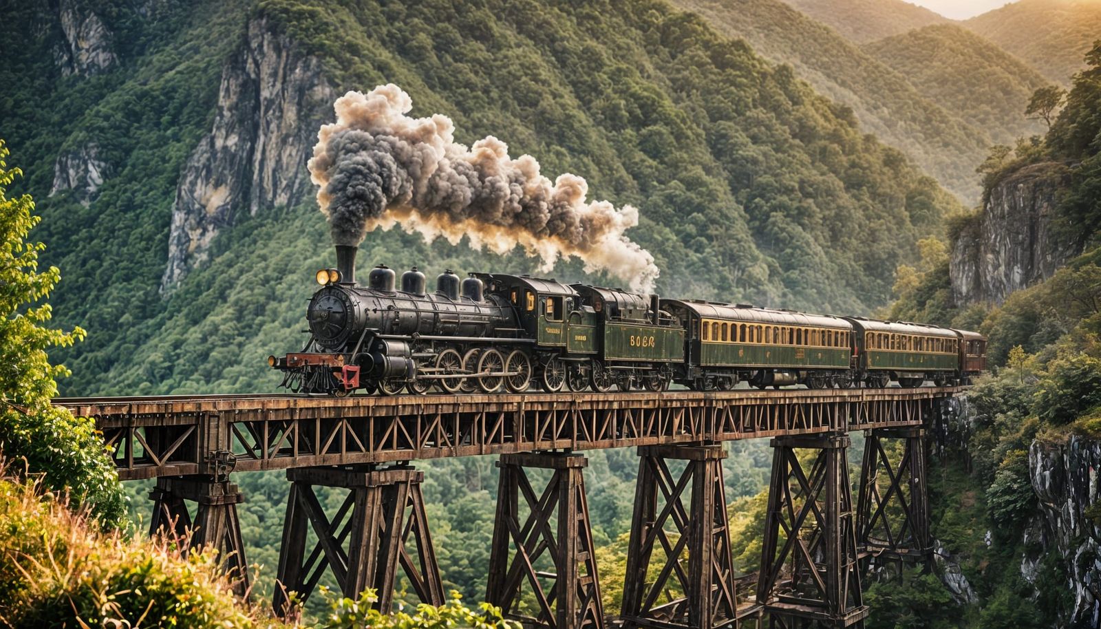 Vintage Steam Train on Mountain Bridge