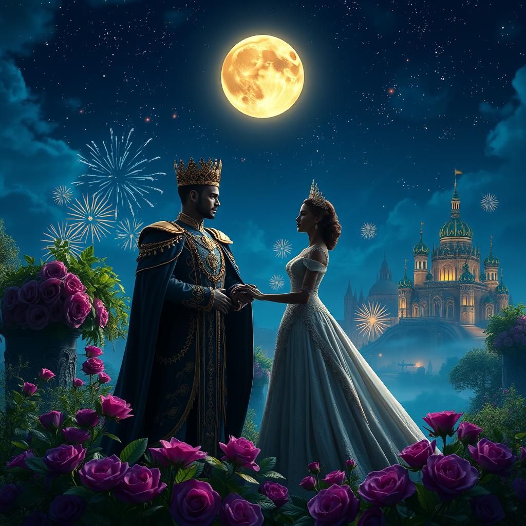 Black Royals Under Moon in Fairy Tale Landscape