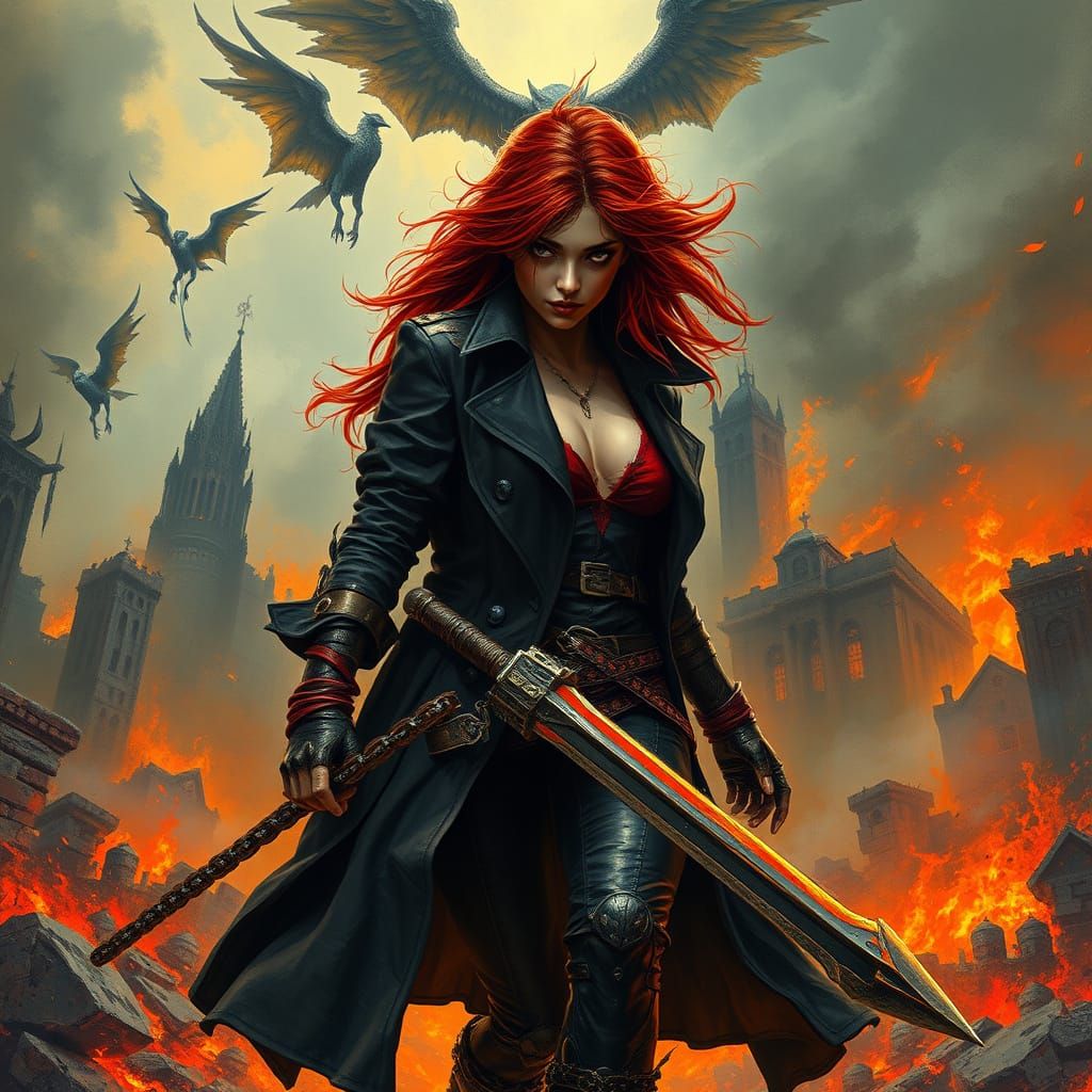 Goth Warrior in Burning City, Post-Apocalyptic Art