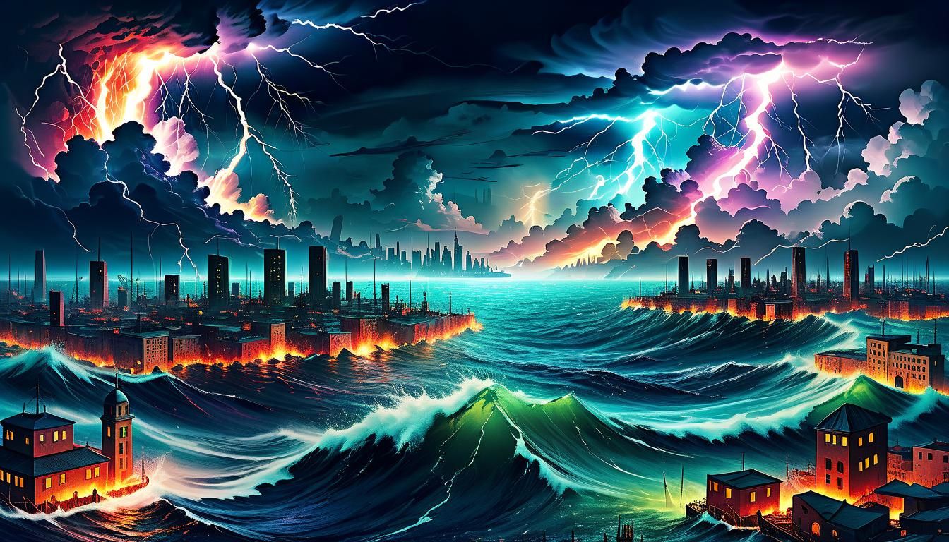 Surreal Sea City Ablaze with Multicolored Lightning