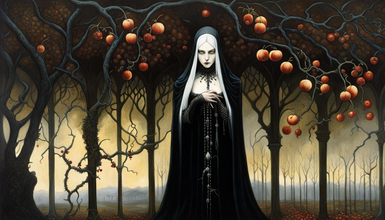 Dark Gothic Orchard Painting in Romantic Style