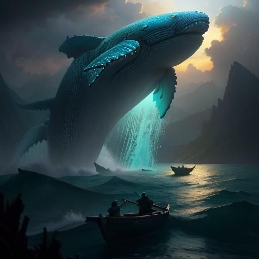 Whaling Scene: Fishermen Chase Whales in Glowing Boat