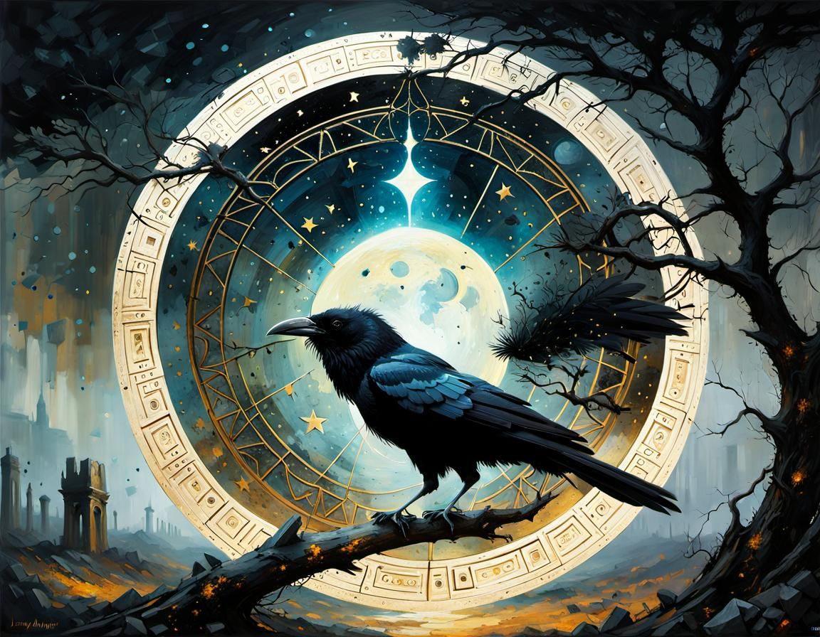 Mystical Raven in Ancient Ruins, Oil Painting