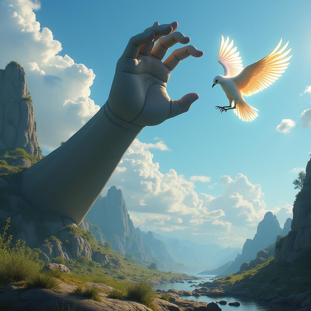 Colossal Stone Arm and Bird in Ethereal Landscape