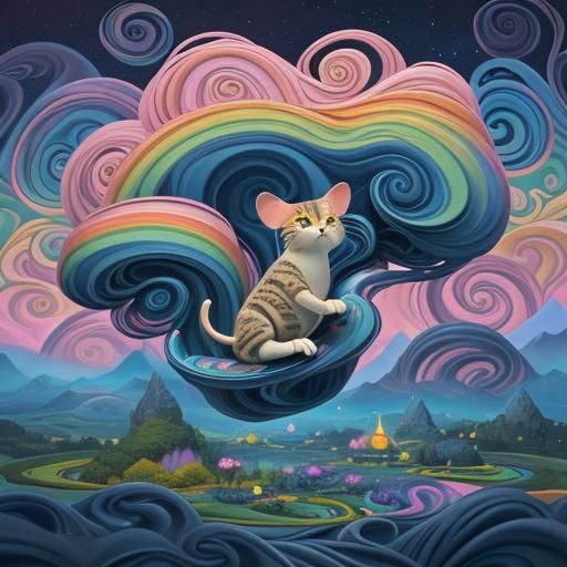 Tabby Cat and Mouse in Mystical Rainbow Garden