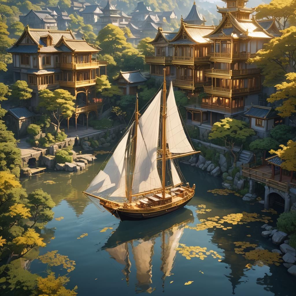 Golden Sailboat on River to Mansion, Anime Art