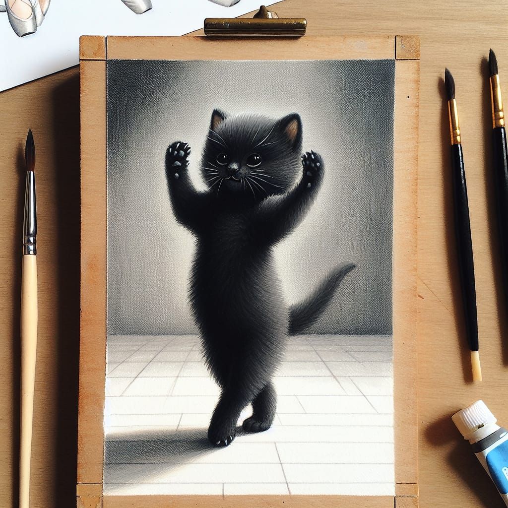 Adorable Black Kitten Dancing Ballet in Gouache