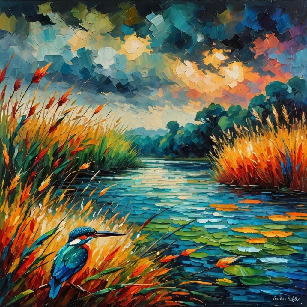 Kingfisher River Scene in Neo-Impressionist Style