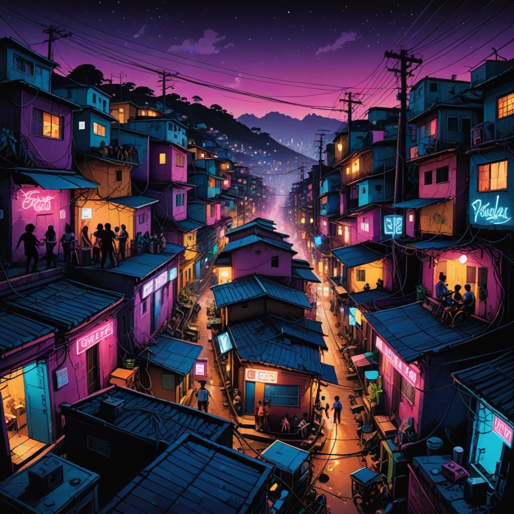 Vibrant Favela at Night: A Funk-Style Cover Art