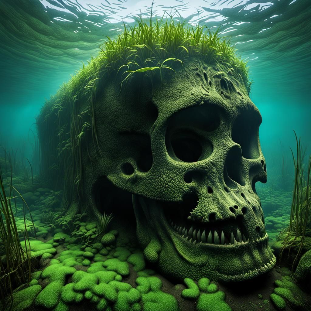 Eerie Submerged Crypt with Skulls and Hieroglyphs