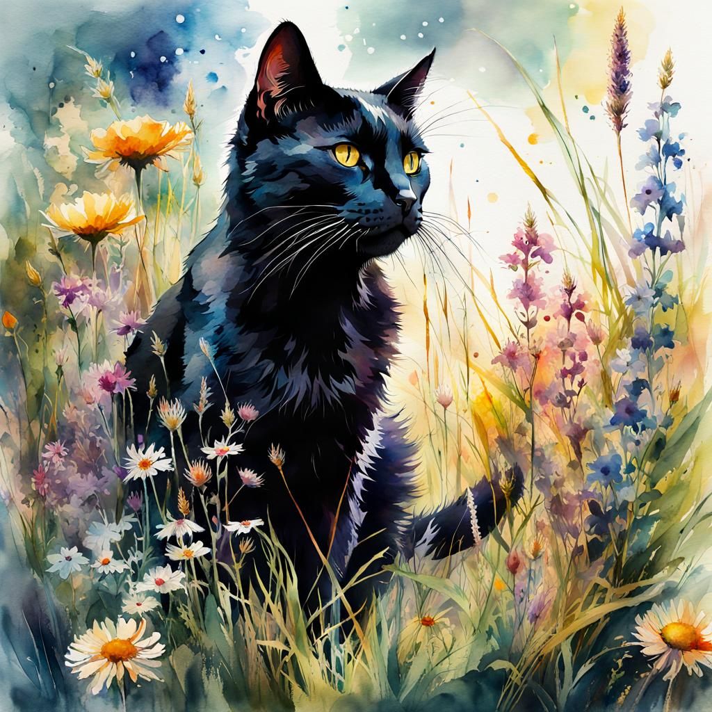 Black Cat in Wildflowers: Digital Watercolor Art