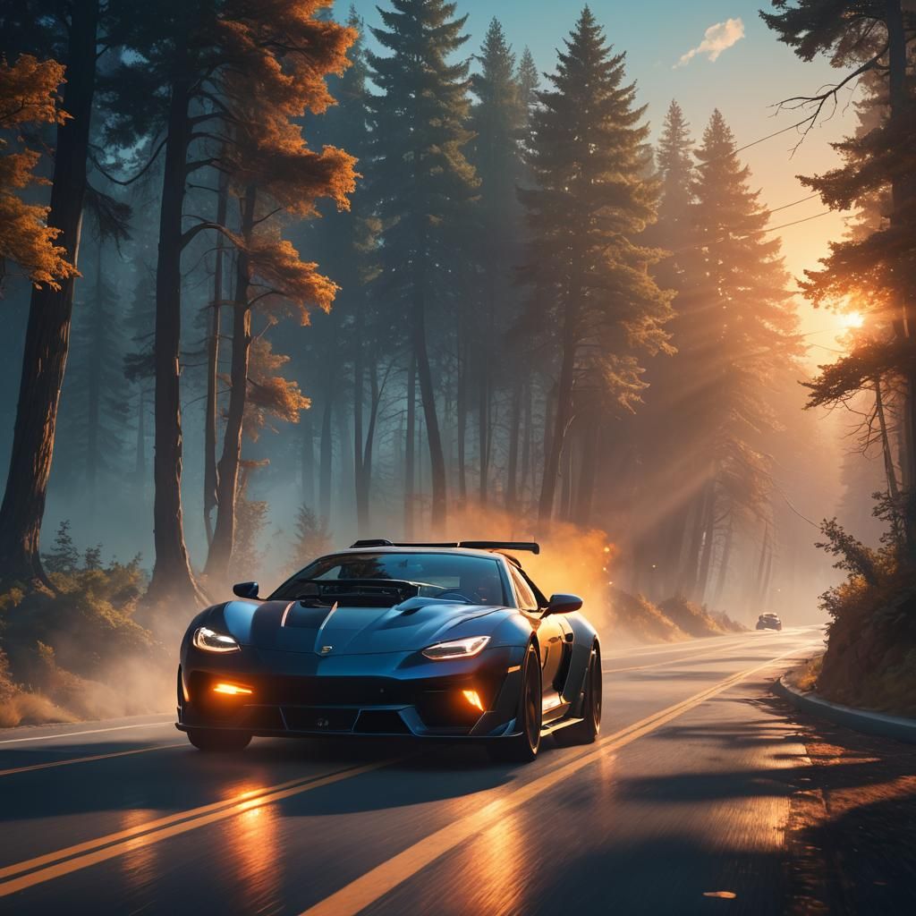 Tattooed Woman Driving Supercar at Sunset