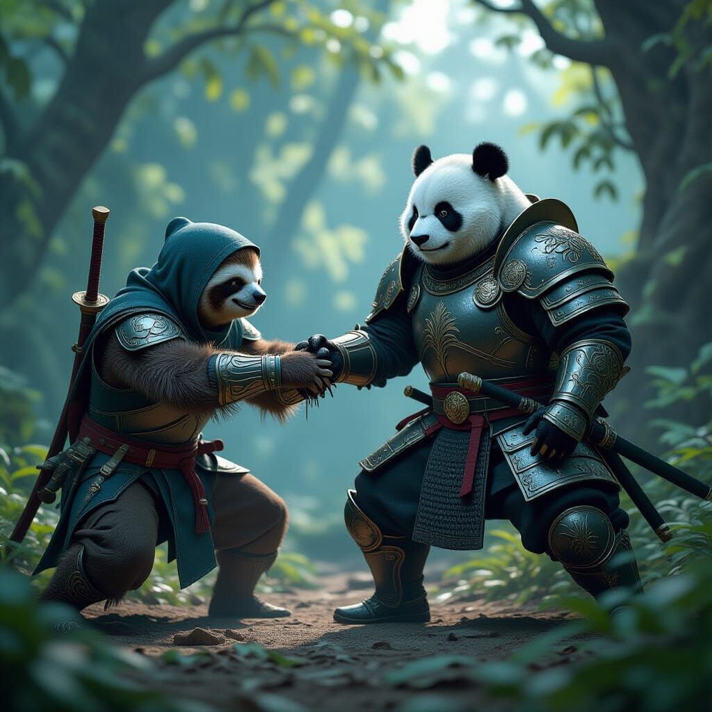 Sloth Ninja Warrior vs Panda Knight in 3D