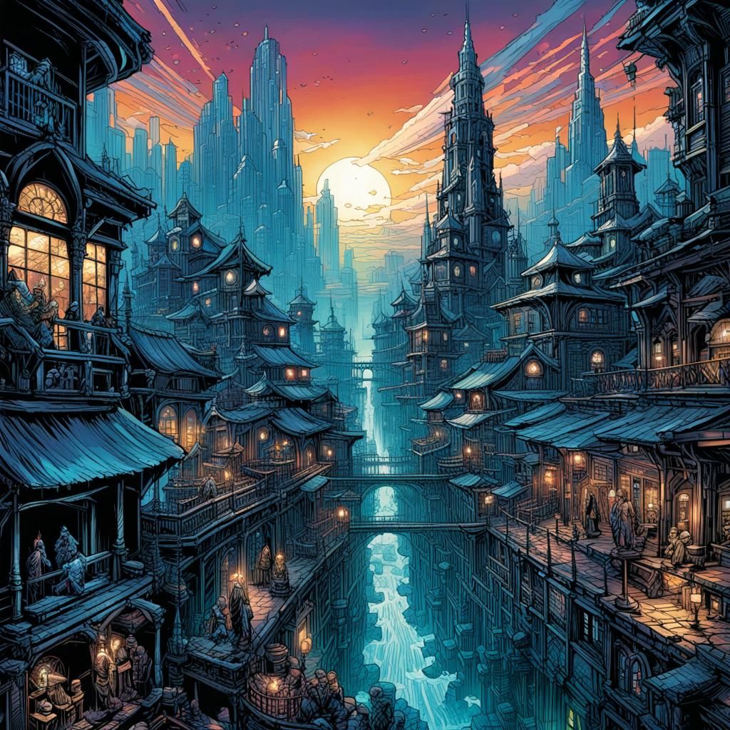 Iridescent High Fantasy City at Sunset, Comic Book Art