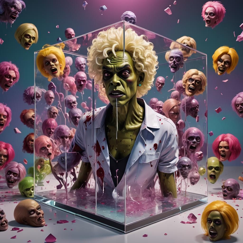 Zombie Rupaul in Glass Cube: 3D Digital Art