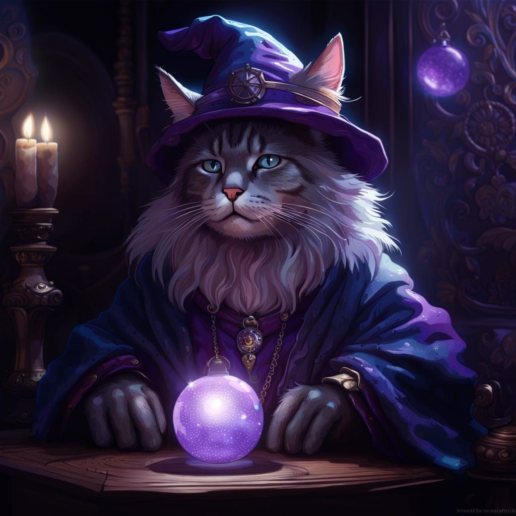 Wizard Cat Ponders Orb: Hyperrealistic Fantasy Art