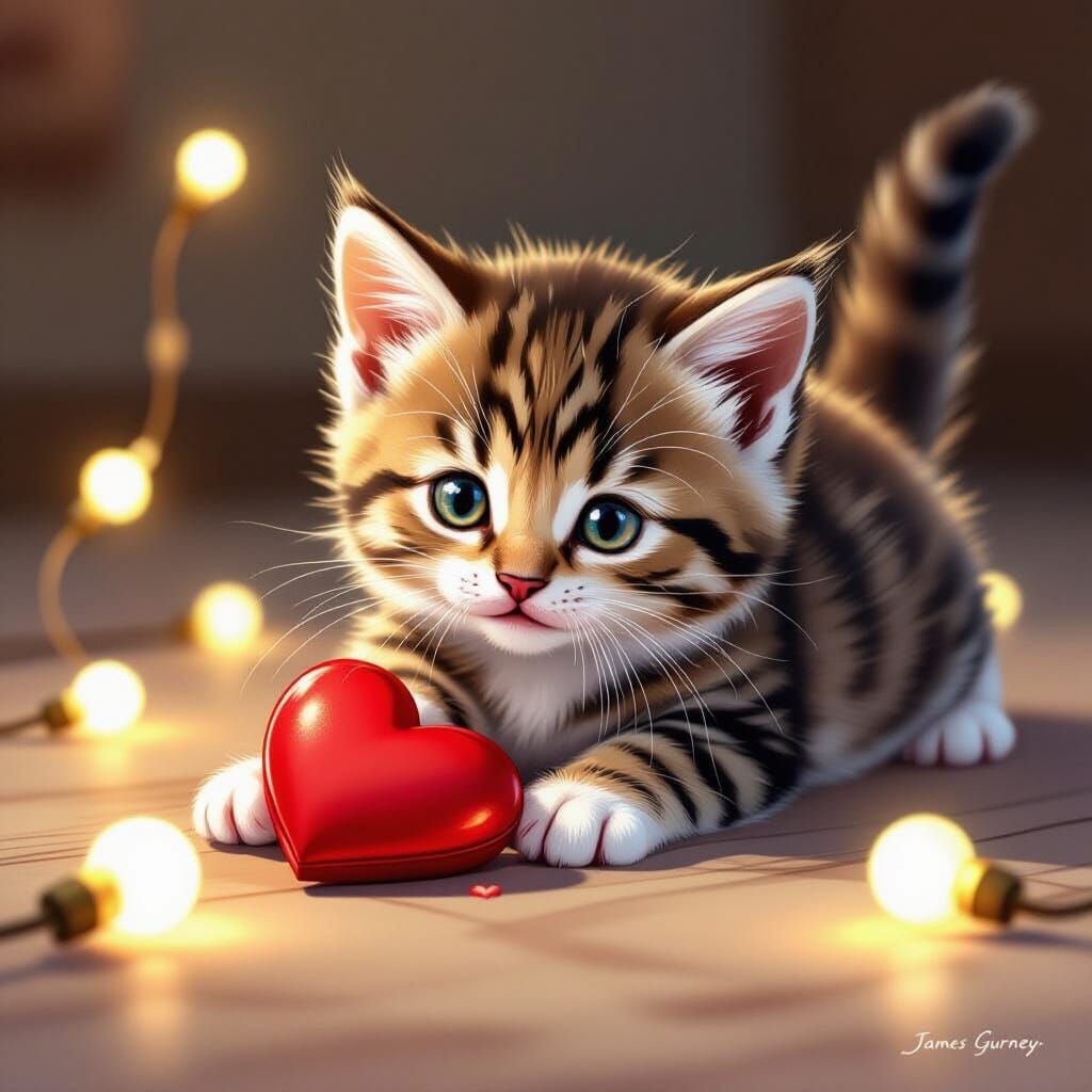Adorable Kitten Plays with Red Heart Toy in Cozy Light