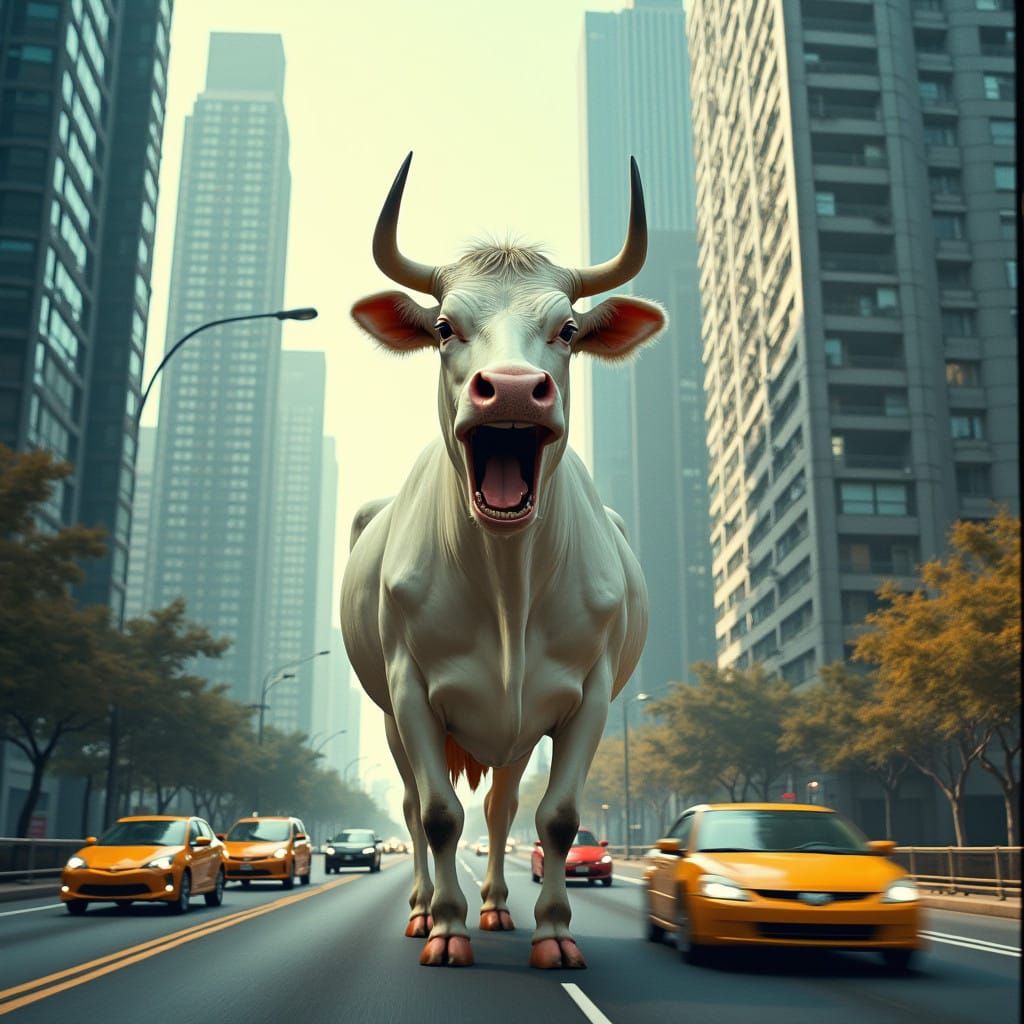 Surreal Cow Dominates Urban Landscape in Humorous, Cinematic...