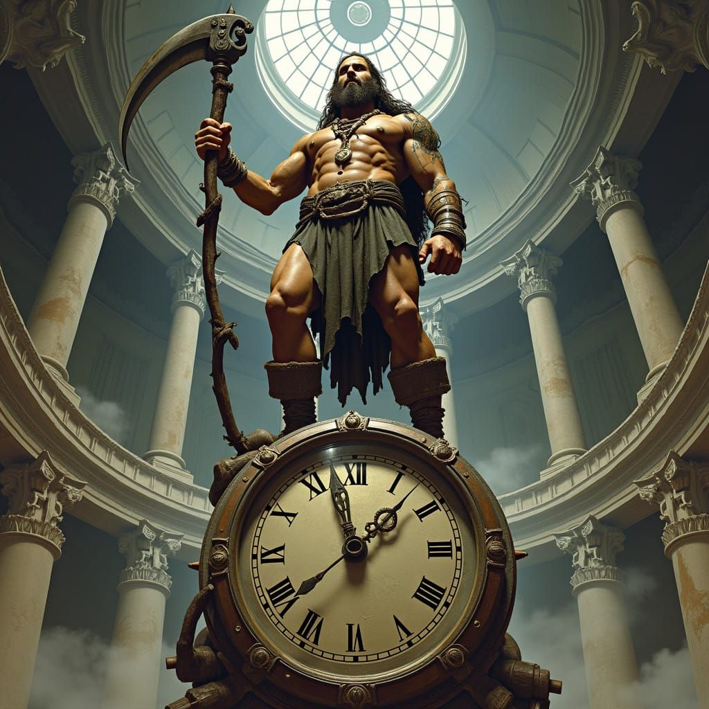 Heroic Warrior Stands atop Ancient Clockwork in a Grand Rotu...