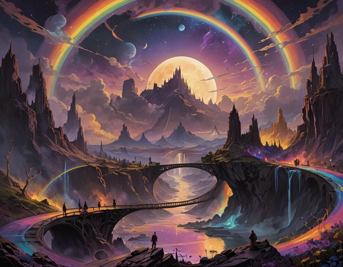 Dark Fantasy Moonscape with Rainbow Aura