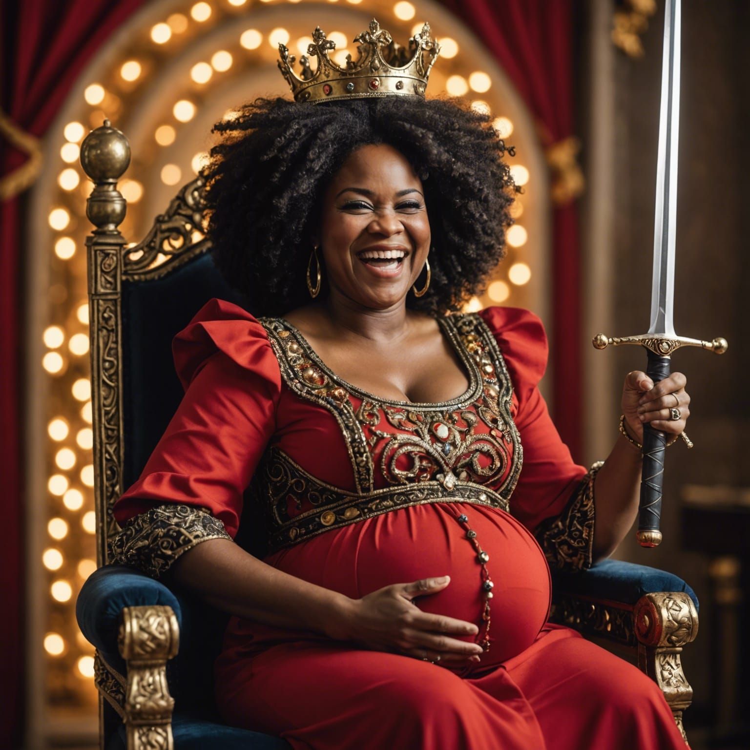 Joyful Pregnant African Queen on Red Throne