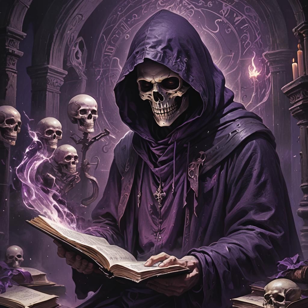 Dark Fantasy Figure Amidst Purple Magic and Ancient Symbols