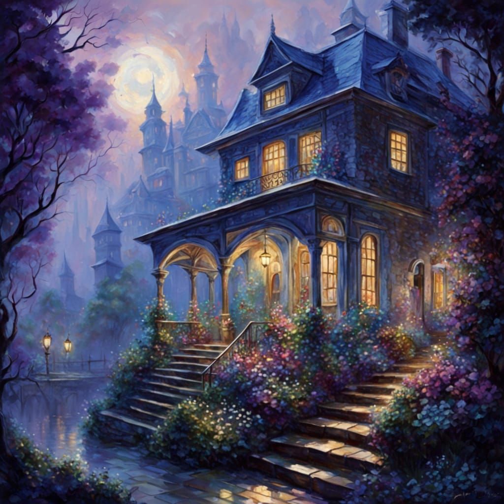 Terrace in Fantasy Gouache Style with Ethereal Mist