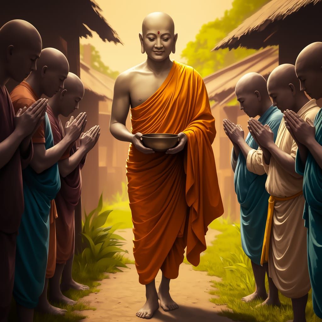 Buddha's Serene Village Arrival in Traditional Saffron Robes