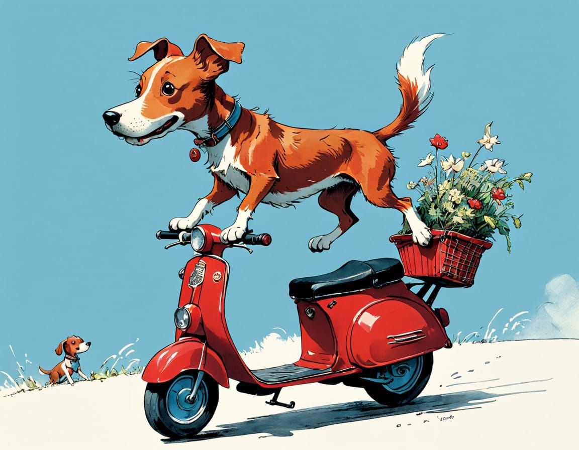 Whimsical Dog Zooms Down the Road on a Red Scooter