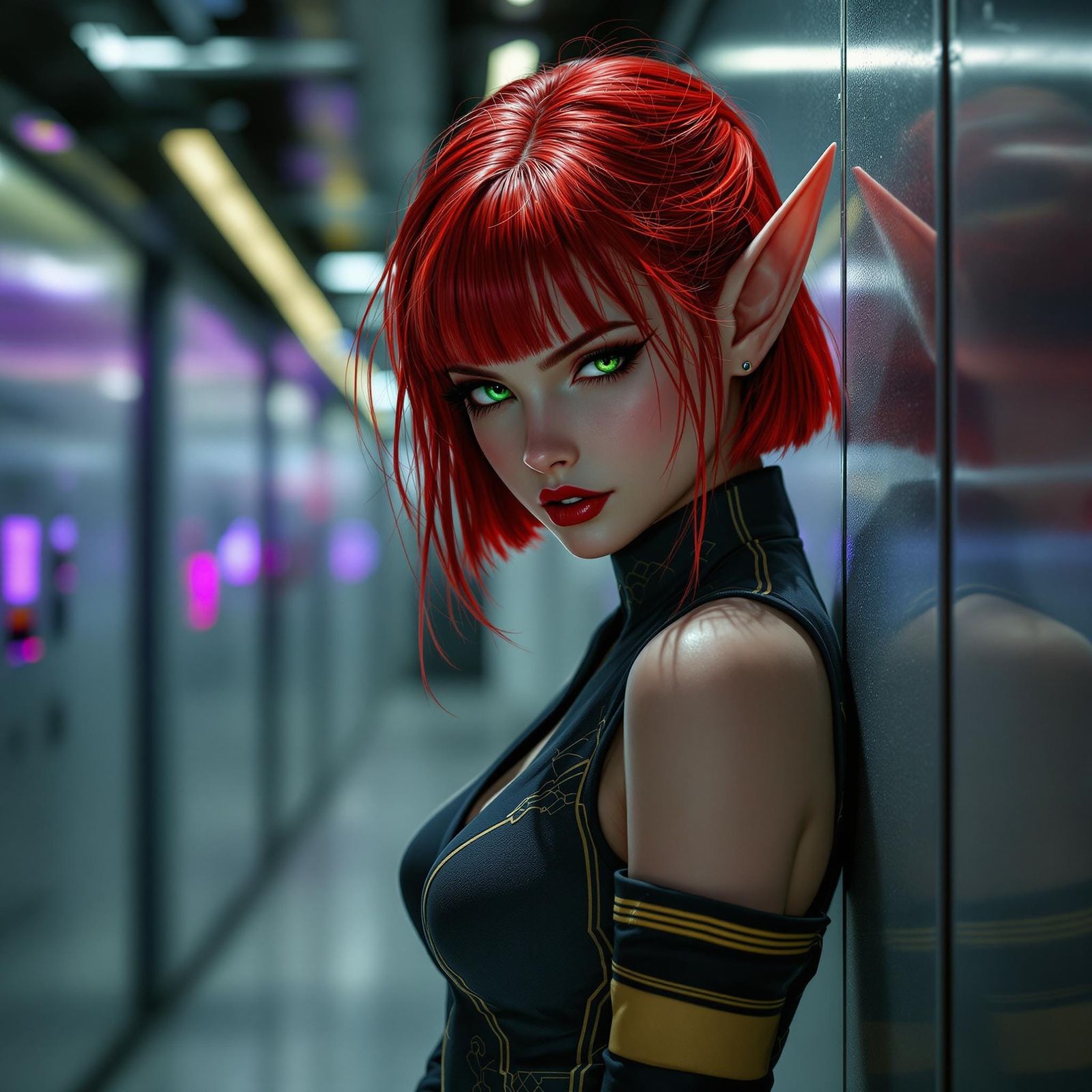 Sultry Elf Girl in Dystopian School Uniform, Art Nouveau Ins...