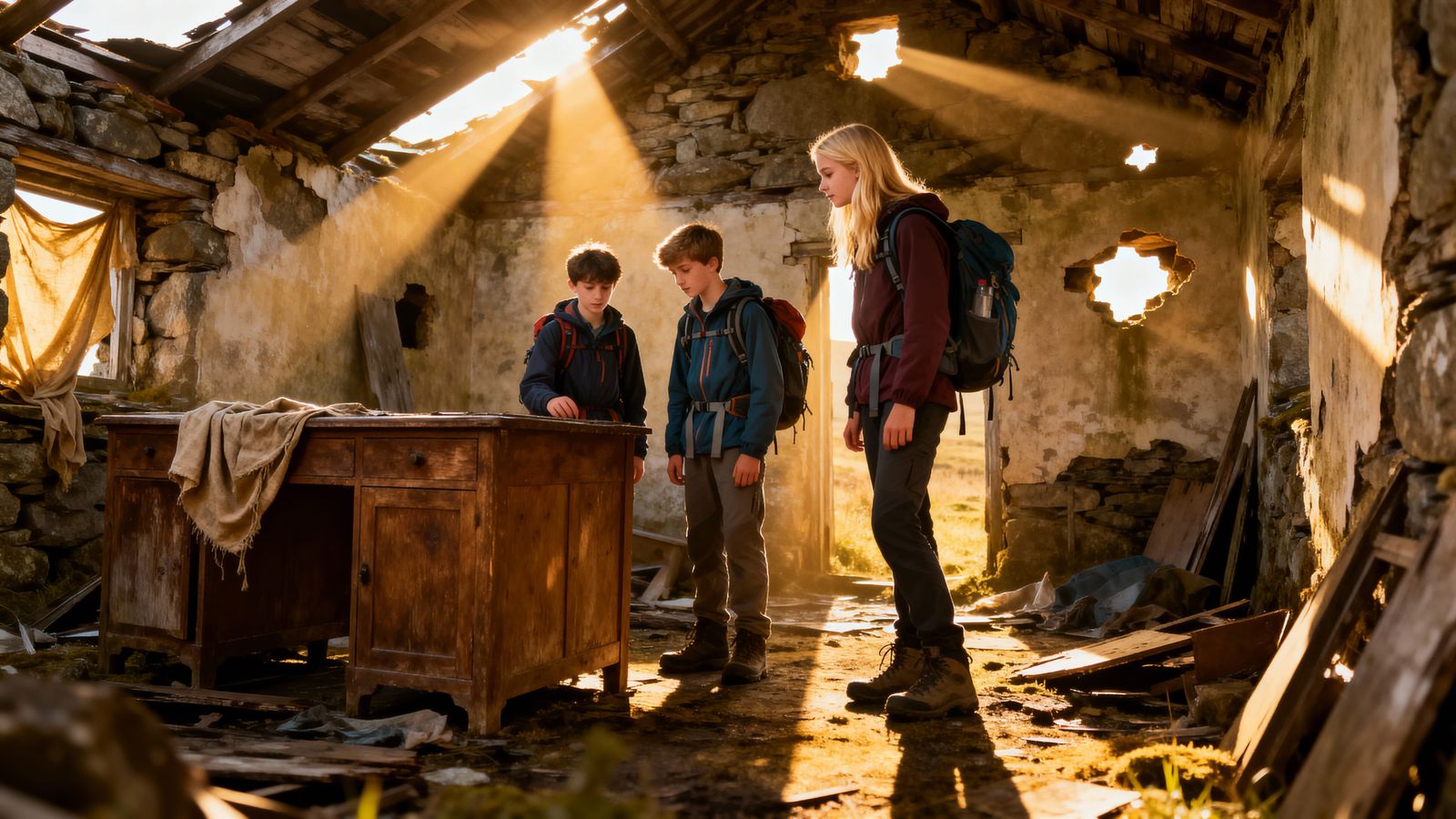 Hikers Explore Ruined Croft House in Golden Hour Sunlight