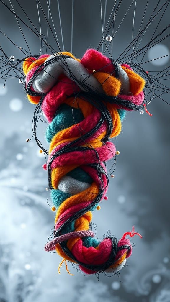 Surreal Tornado Sculpture in Felted Wool and Black Satin Web...