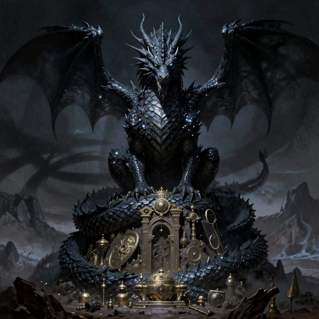 Colossal Obsidian Dragon Guarding Ancient Treasures