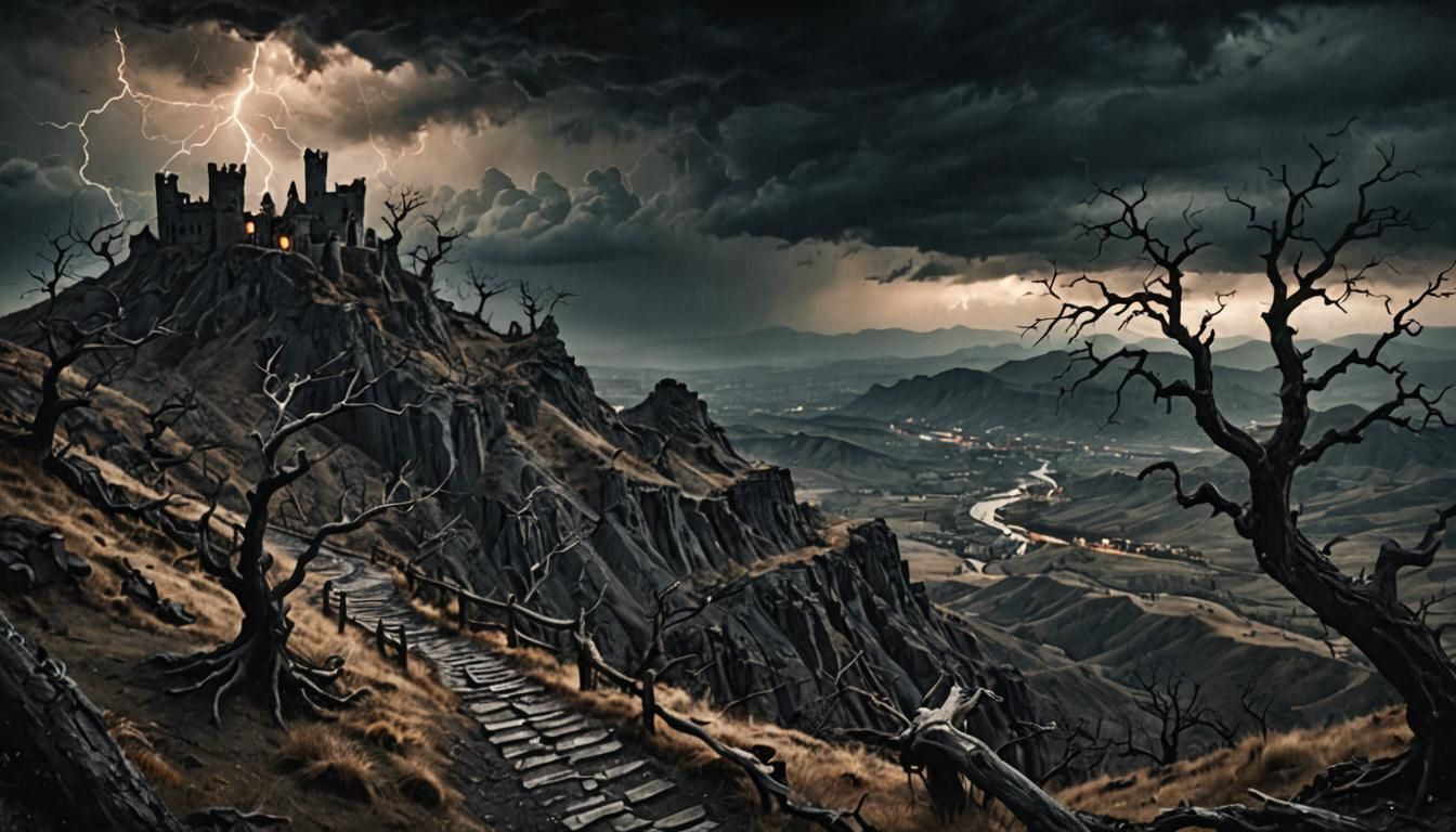 Grim Dark Fantasy Landscape with Crumbling Fortress