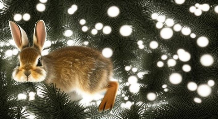 baby bunny on the snow christmas trees lights 3D Game Cinematic Feel, Epic 3D Videogame Graphics, Intricately Detailed,...