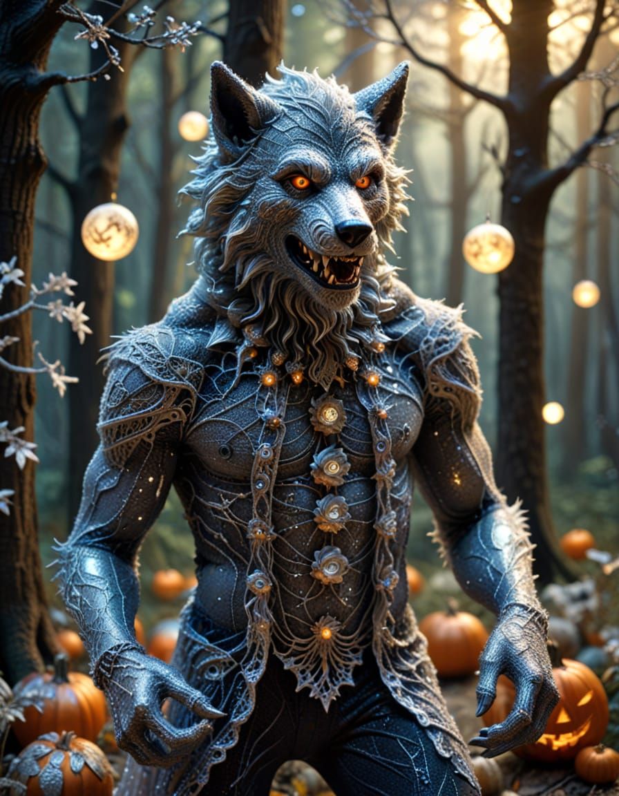 Art Nouveau Werewolf in Moonlit Forest