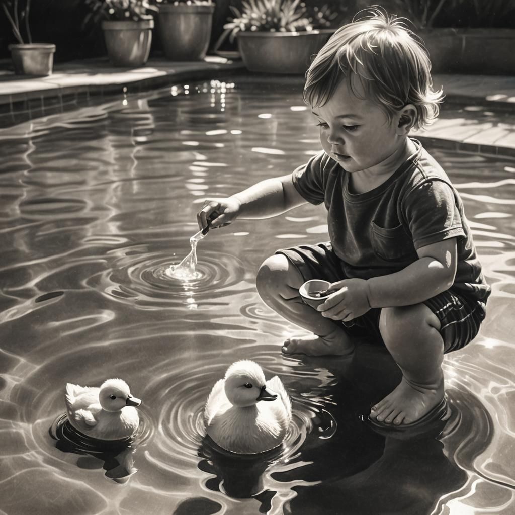 Toddler and Duck: Summer Fun in Charcoal