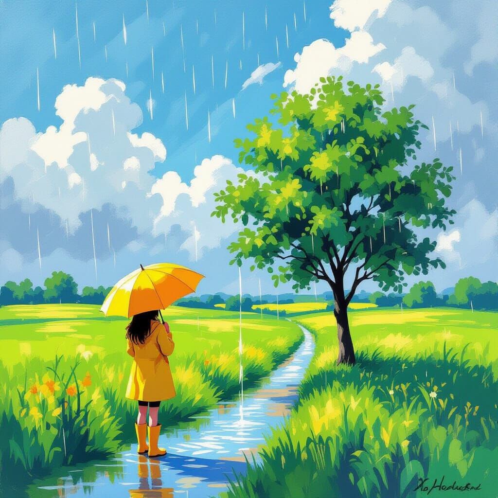 Green Fields After Storm in Impressionistic Style