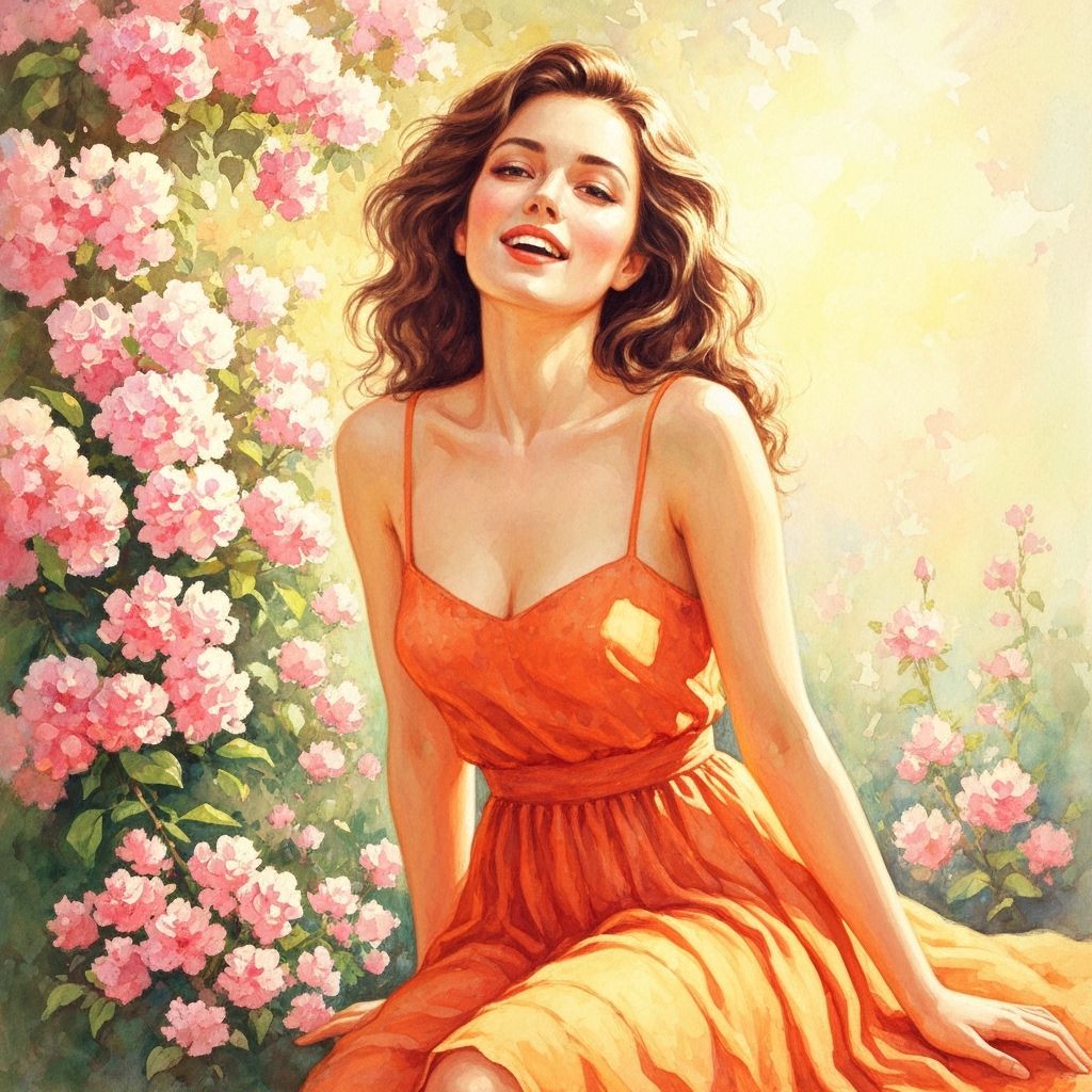 Radiant Woman in Floral Embrace, Watercolor Impression