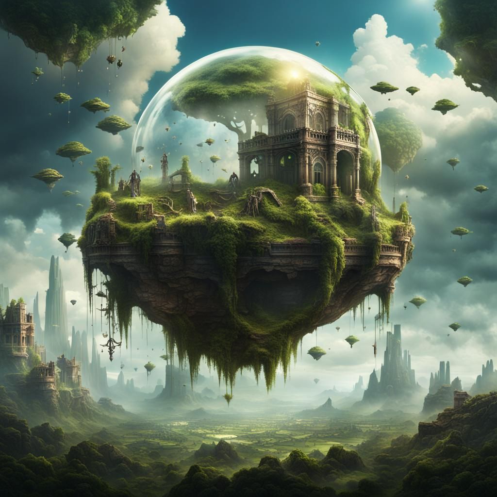 Lush Terrarium Above Ruined Wasteland: Digital Matte Paintin...